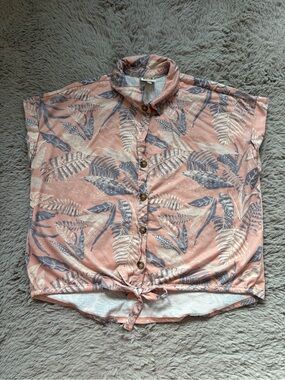 Women's Tru Self Pink Tropical Button-Front Tie-Hem Top Large